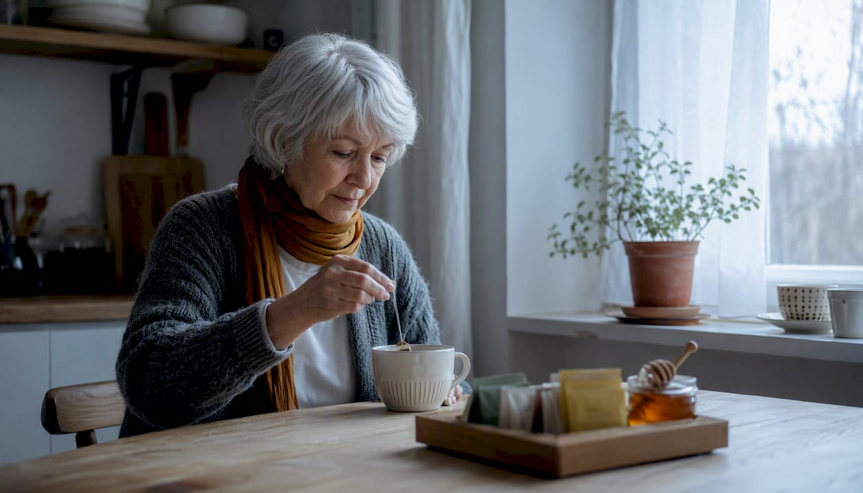 Elderly woman performing calming tea ritual