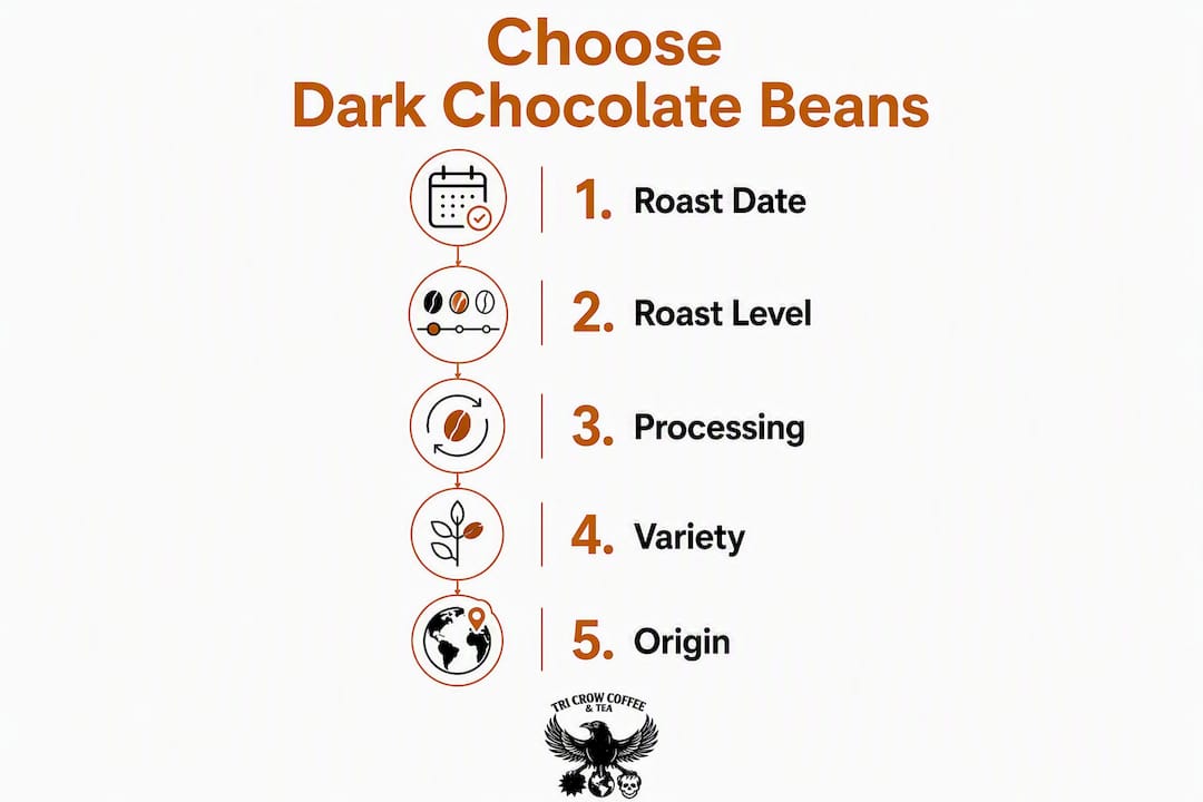 Infographic illustrating steps to choose dark chocolate coffee beans