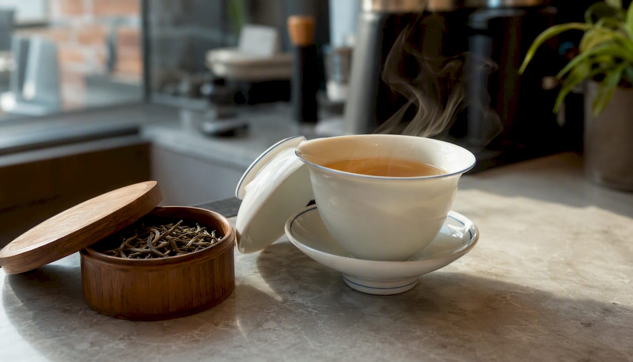 Porcelain gaiwan brewing Bai Mudan white tea