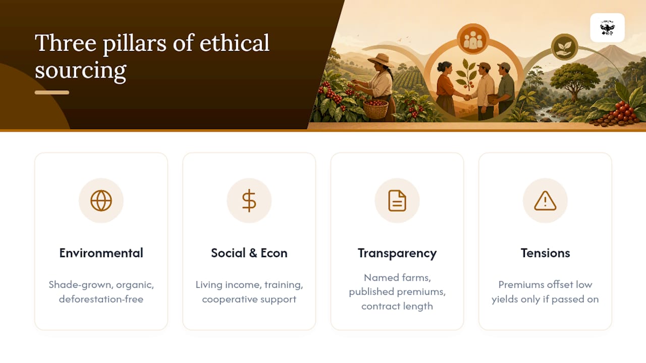Diagram of ethical coffee sourcing pillars