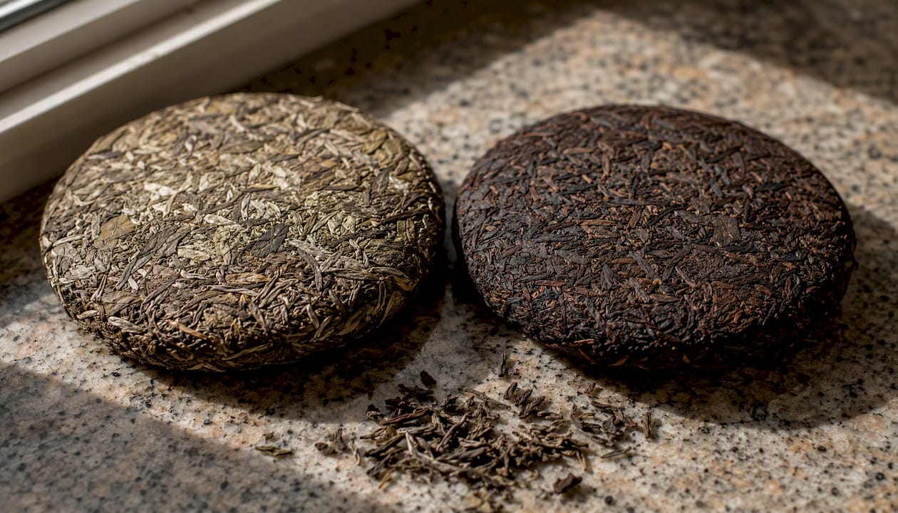 Two different pu-erh tea cakes, sheng and shou