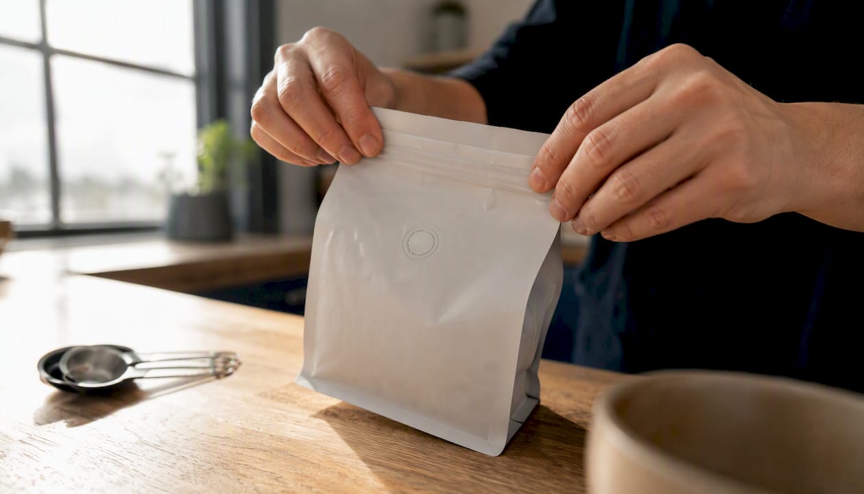Hands rolling and clipping coffee valve bag