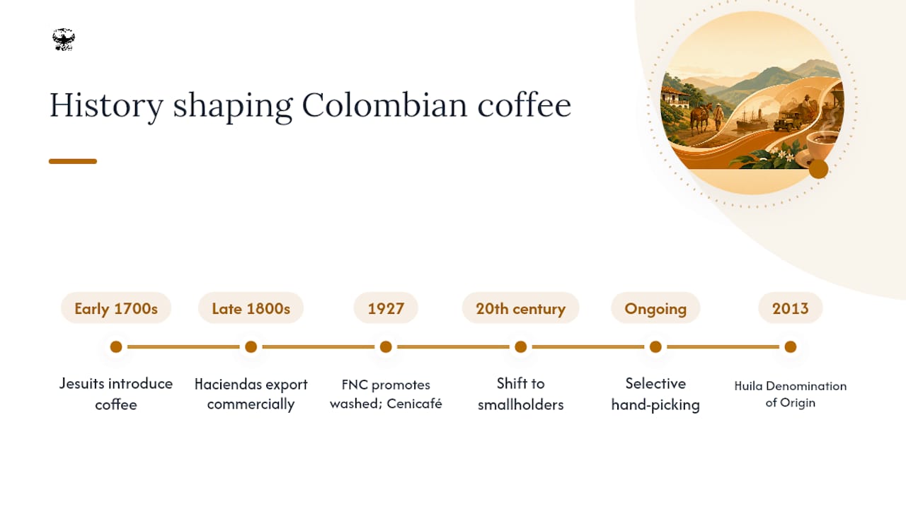 How history and culture shaped Colombian coffee's flavor — overview diagram