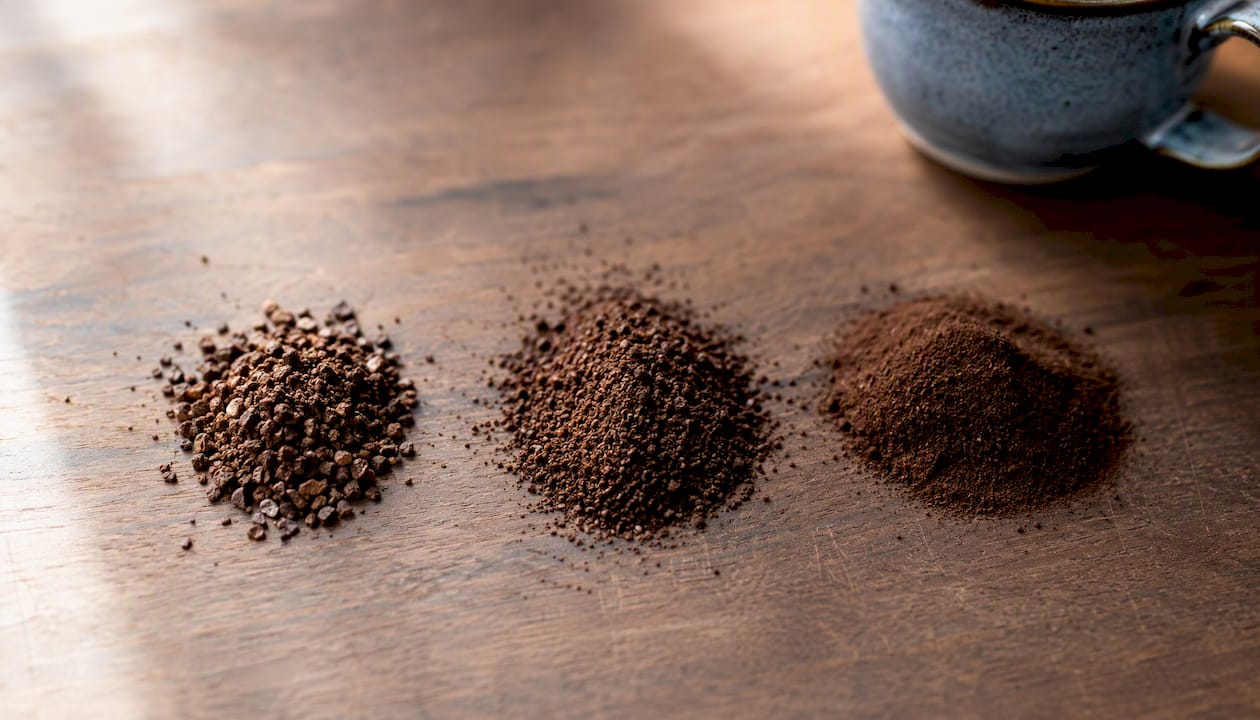 Different coffee grind sizes on wooden surface