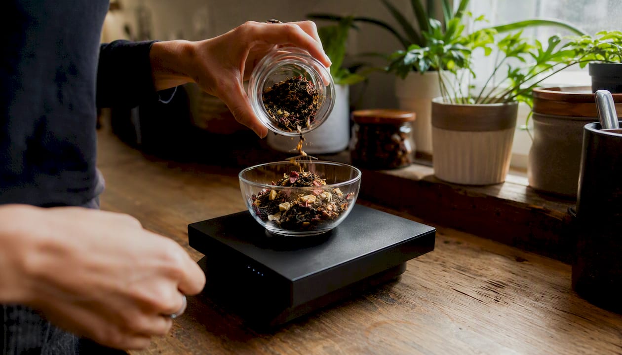 Scale weighing loose tea ingredients overhead