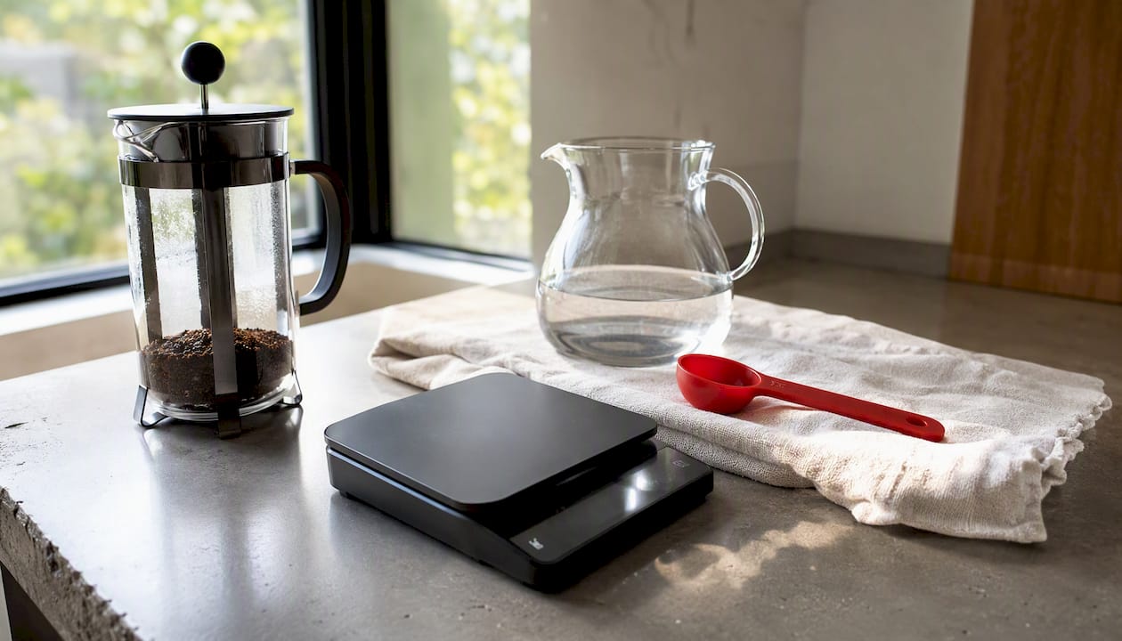 French press coffee and scale for measuring ratio