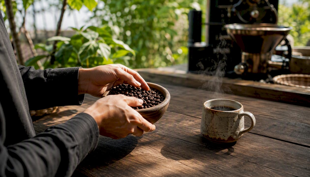 Hands adjusting roasting beans in micro-roastery