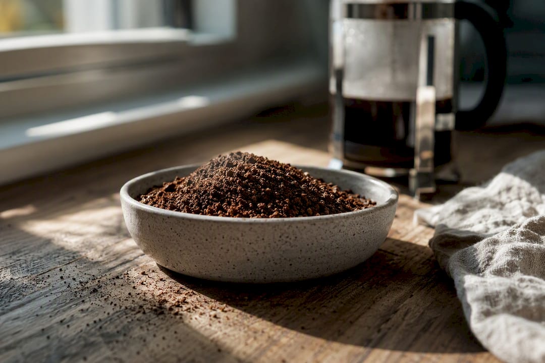 Coarse ground coffee texture close-up in kitchen