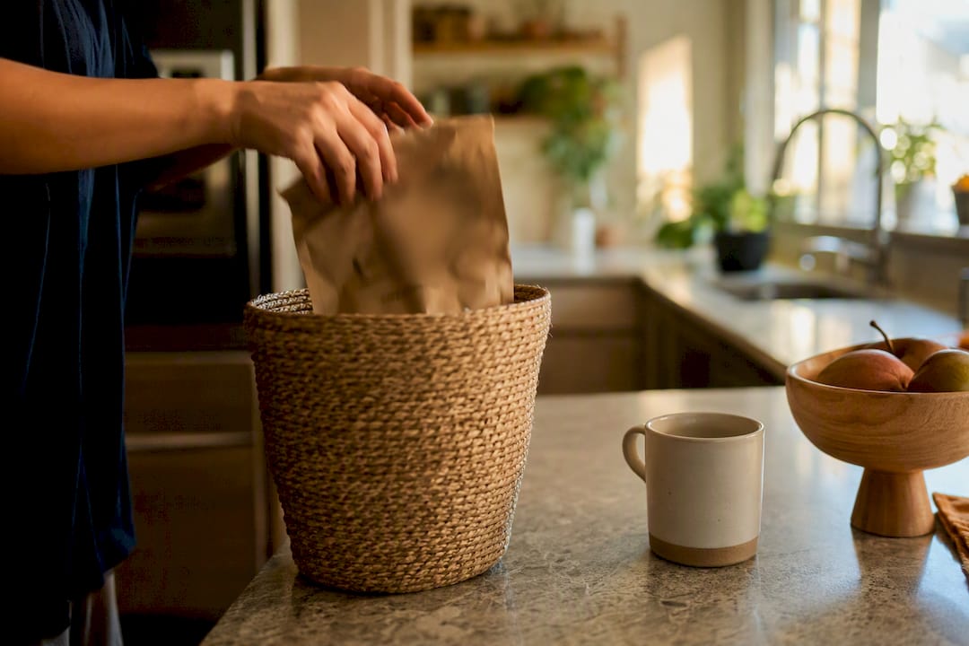 Hands placing coffee bag into compost bin