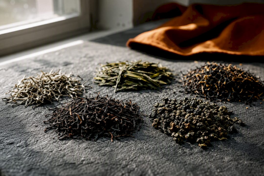 Variety of dry loose leaf teas close-up