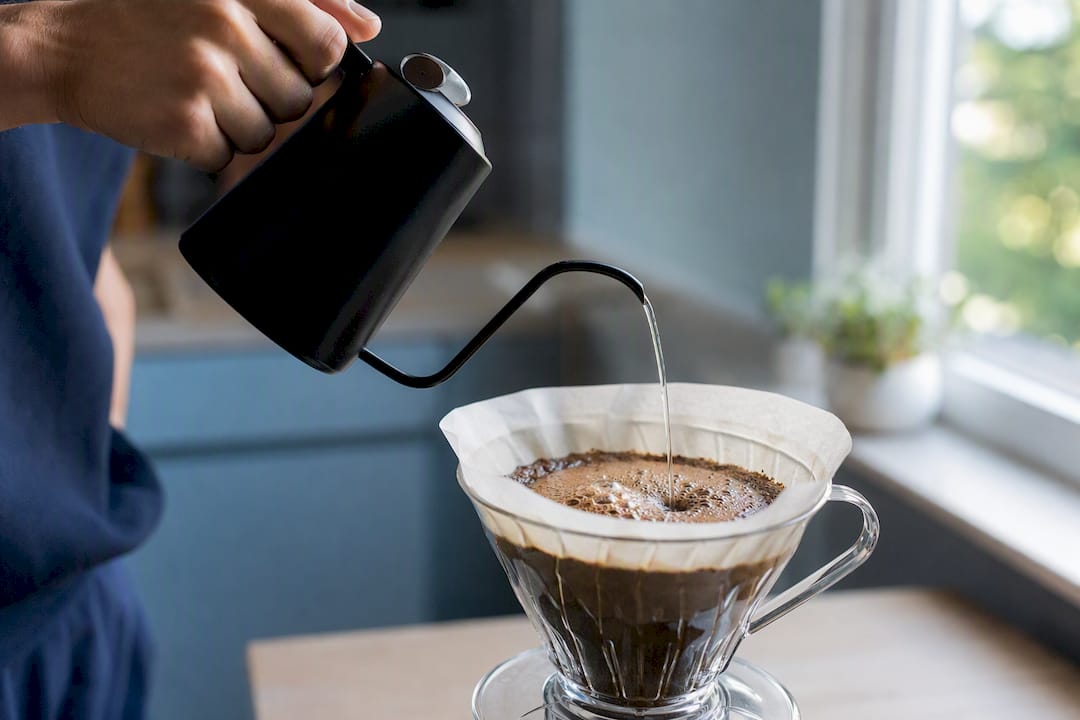 Pouring water over blooming coffee bed