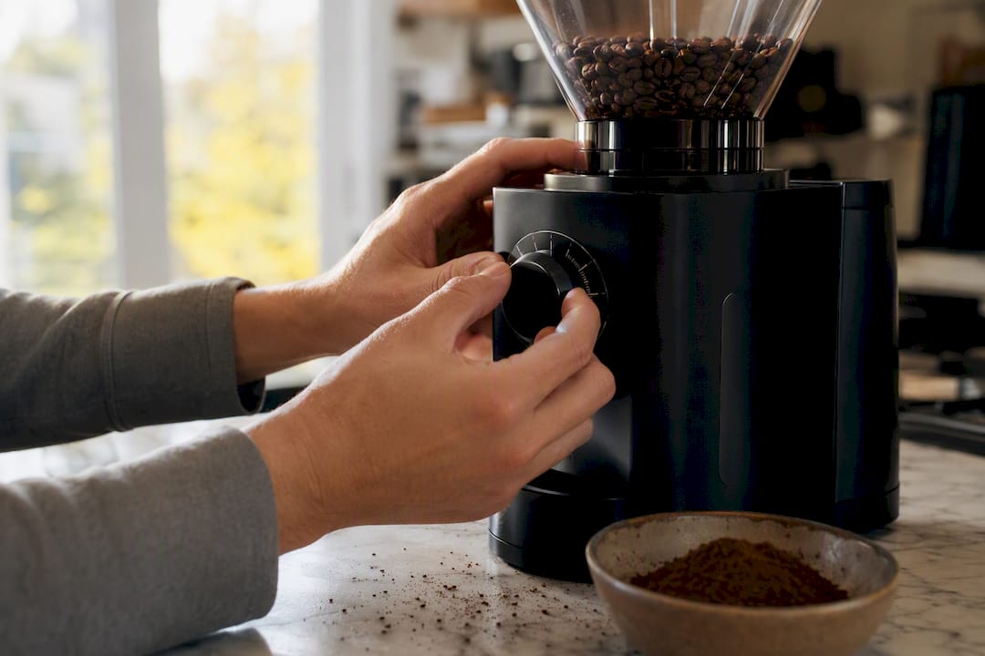 Hands adjusting coffee grinder grind size