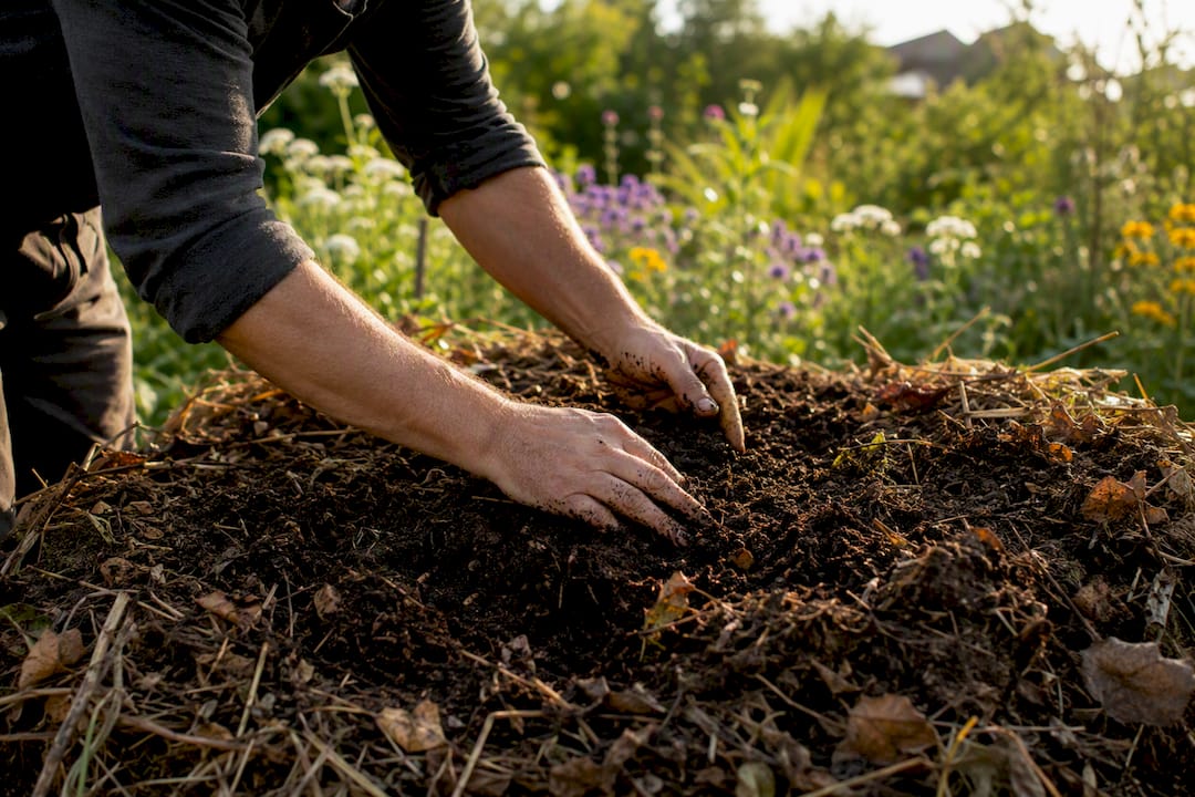 Hands spreading coffee grounds on compost surface