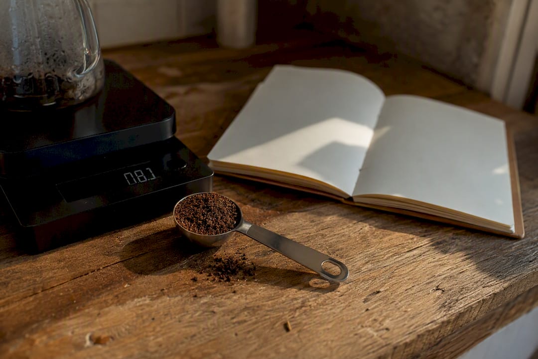 Coffee scale and blank notebook for brew notes