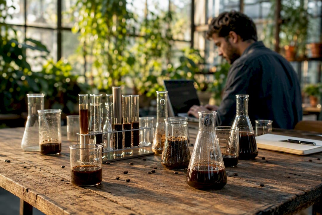 Glassware with coffee liquid in lab