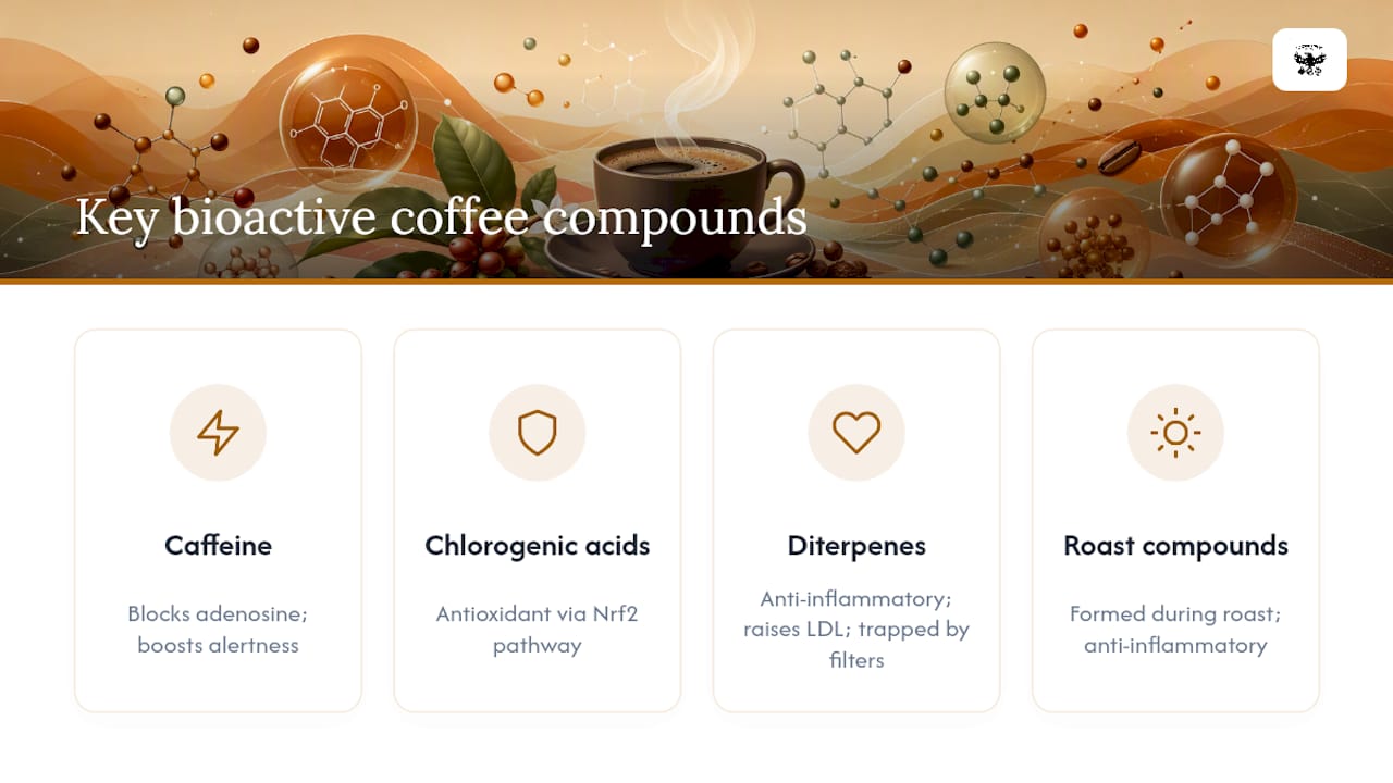 Diagram of coffee compounds and health benefits