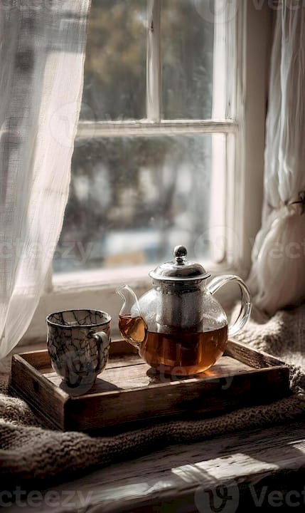 Cozy morning tea ritual near a window illuminating a transparent ...
