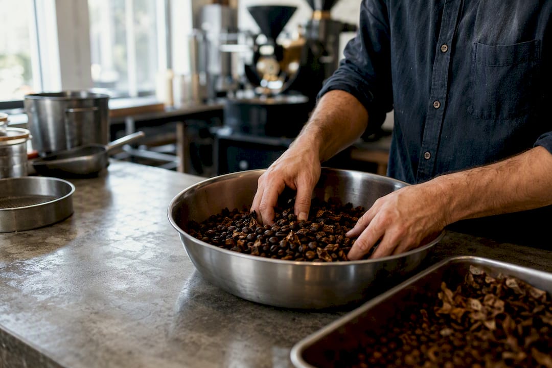 Hands blending roasted coffee and chicory roots