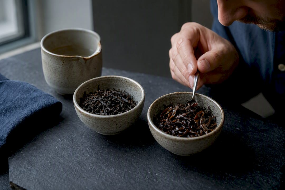 Dry and wet smoky tea leaves