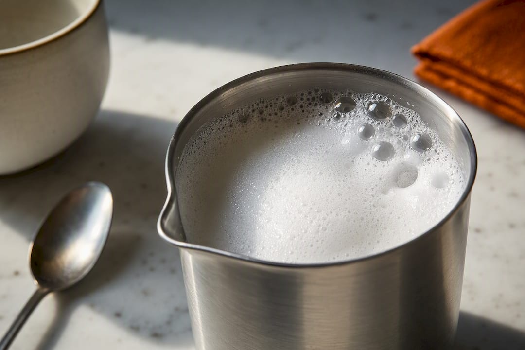 Close view of dense cappuccino milk foam