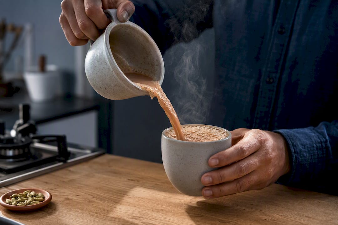 Chai poured between vessels for froth
