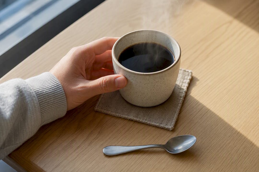 Hand placing a ceramic coffee cup