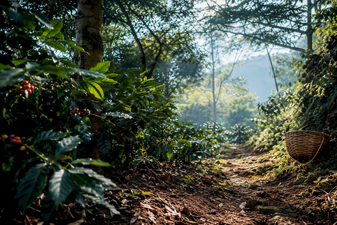 Shade-grown coffee plants beneath forest canopy