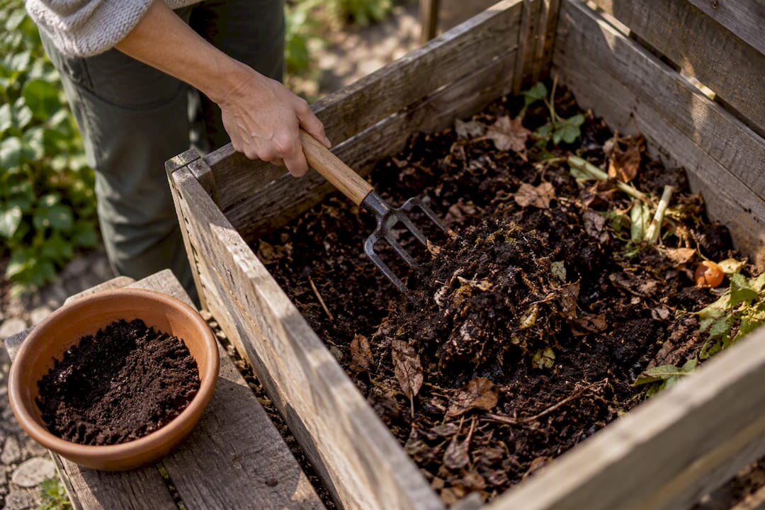 Coffee grounds mixed into active compost