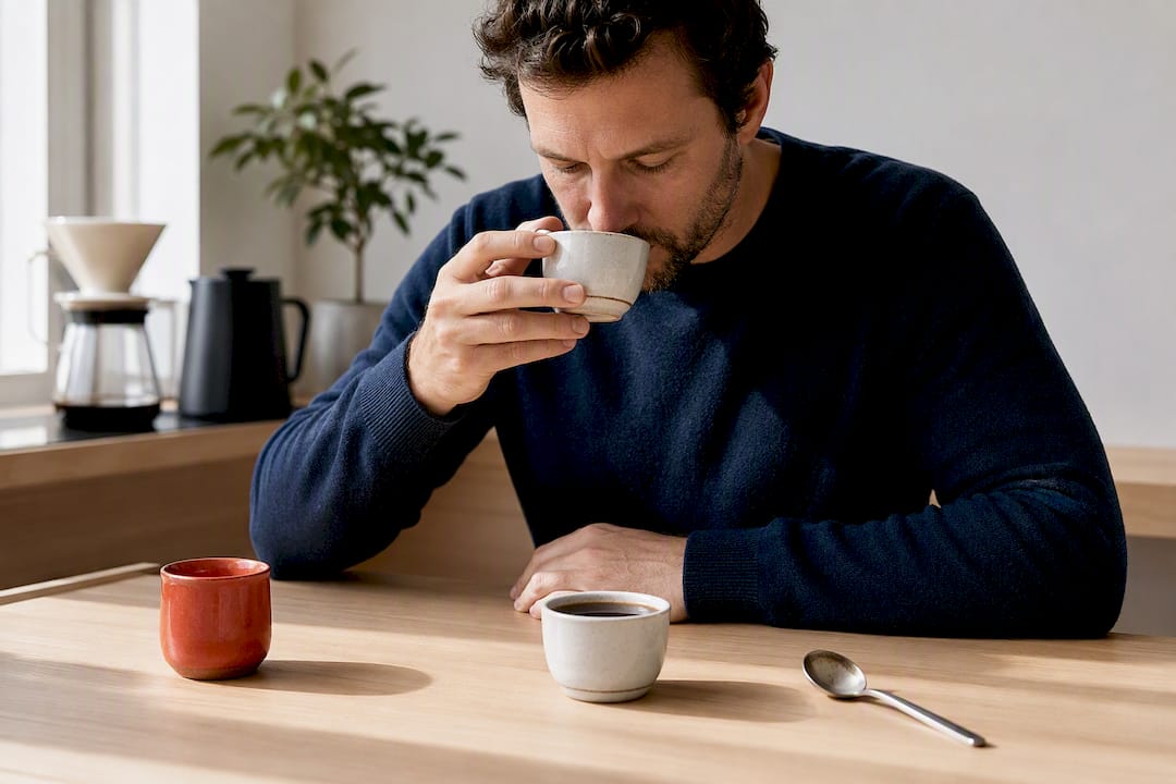Home barista comparing brewed coffee aromas