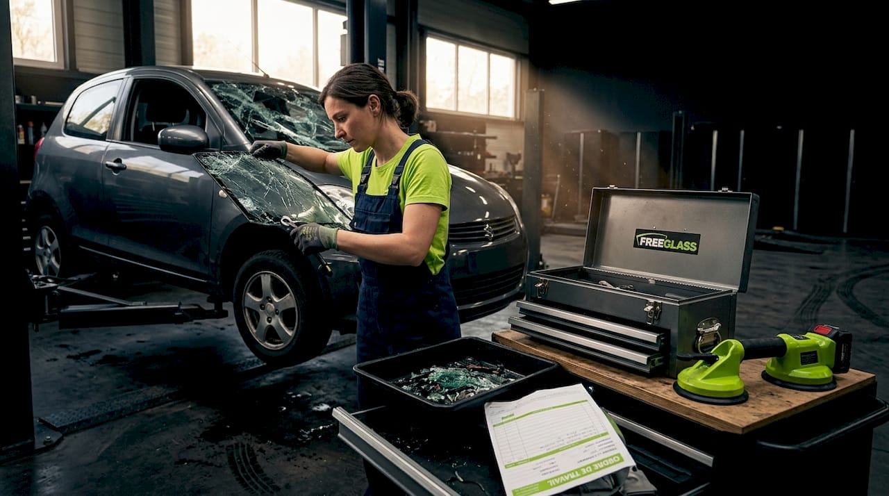 Dans un atelier automobile, un vitrier procède au retrait d’un pare-brise endommagé.
