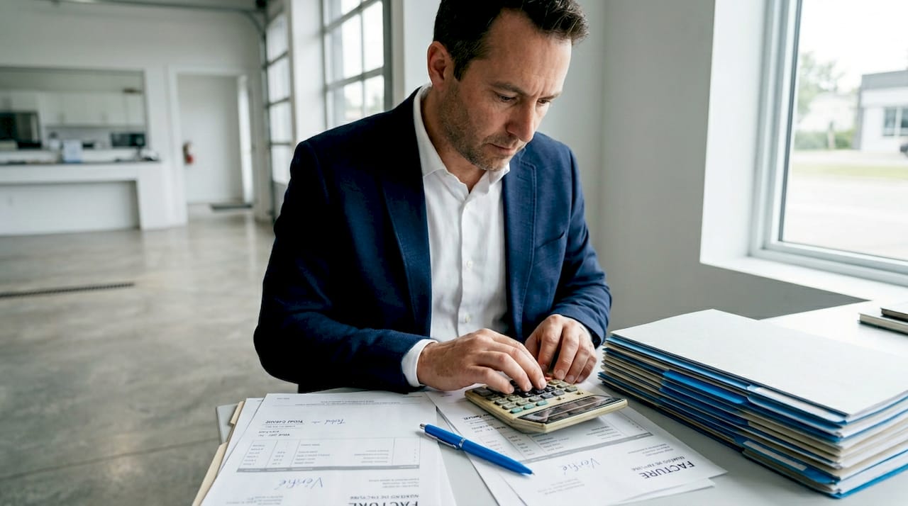 Un comptable s’occupe du contrôle des factures dans le bureau du garage.