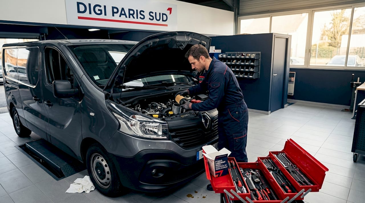 Un technicien en train de remplacer le filtre sur un véhicule utilitaire