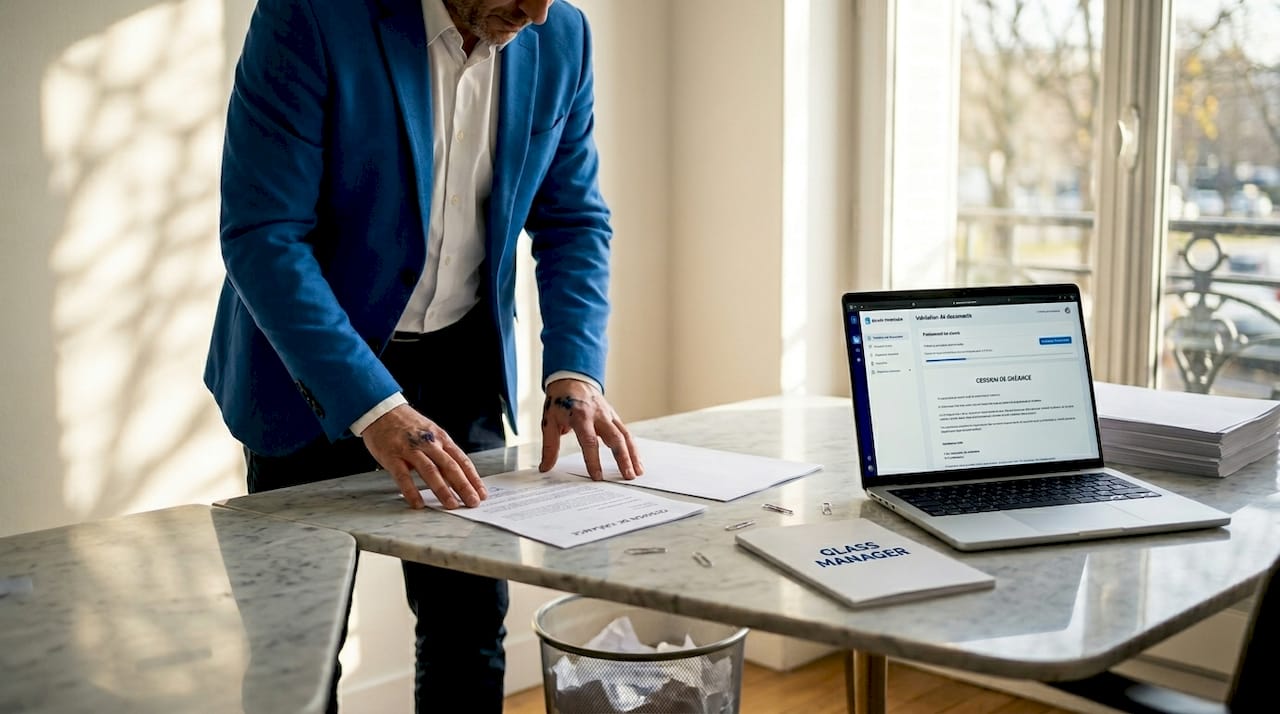 Un salarié contrôle la validité de la cession de créance sur document papier.