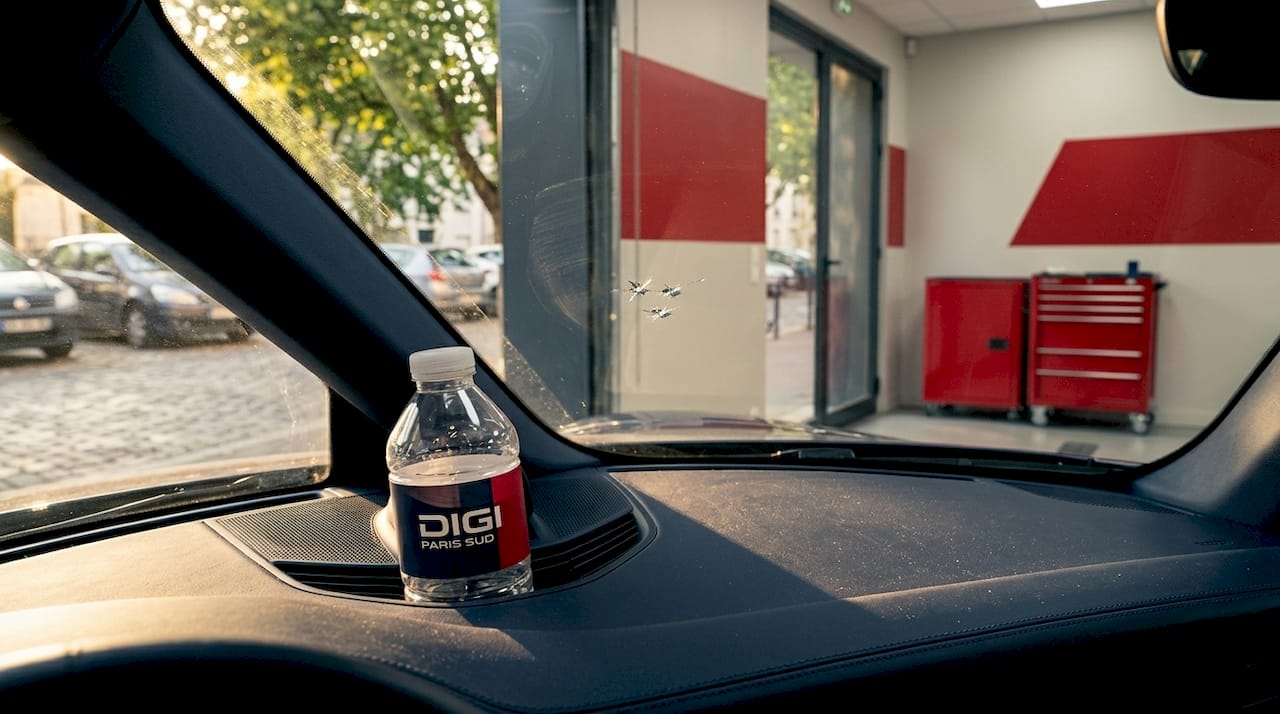 Gros plan sur un pare-brise présentant plusieurs impacts.