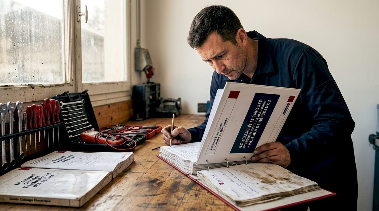 Le mécanicien consulte régulièrement la documentation technique pour réaliser ses interventions à l’atelier.