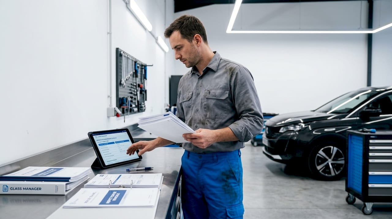 Un technicien consulte des dossiers sur sa tablette à côté d’une voiture.