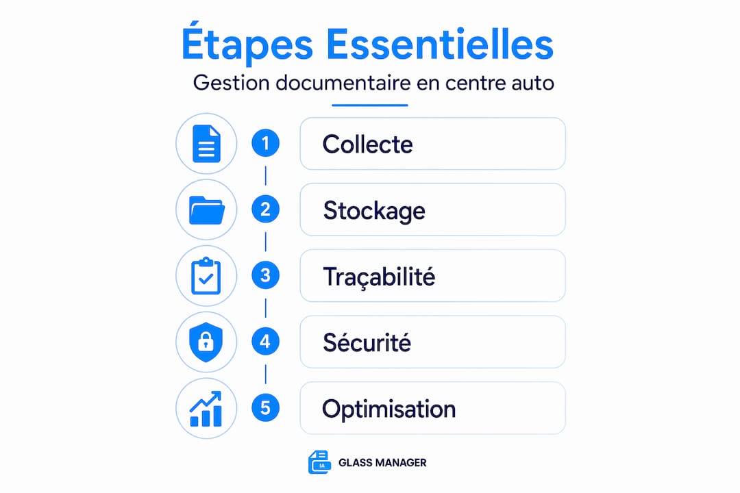 Infographie présentant les étapes essentielles pour une gestion efficace des documents dans un centre auto