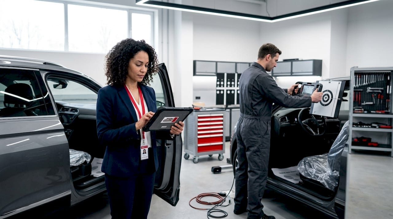 Réglage et calibrage du pare-brise en atelier automobile