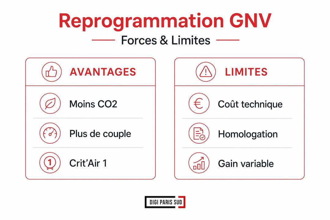 Comparatif visuel des avantages et des limites de la reprogrammation GNV