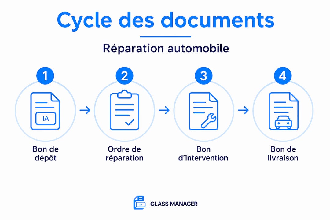 Schéma visuel présentant les différentes étapes de gestion des documents dans un atelier de réparation automobile.