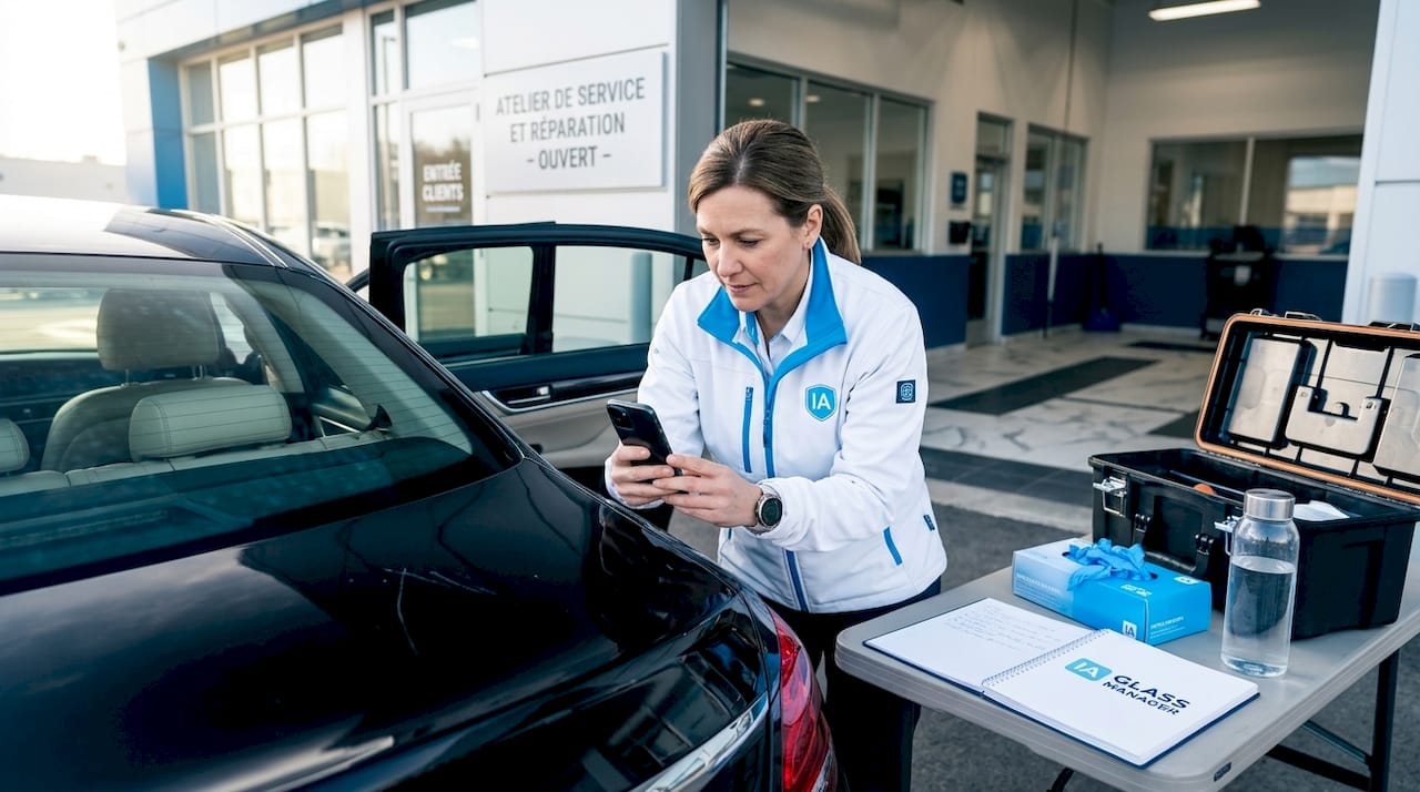 Un technicien procède à l’inspection et consigne les rayures sur une voiture dans l’atelier.