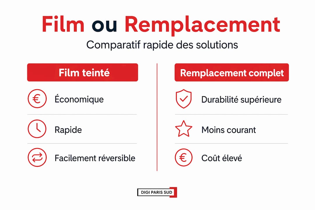 Comparatif visuel : film teinté ou remplacement de la vitre, quelle solution choisir ?