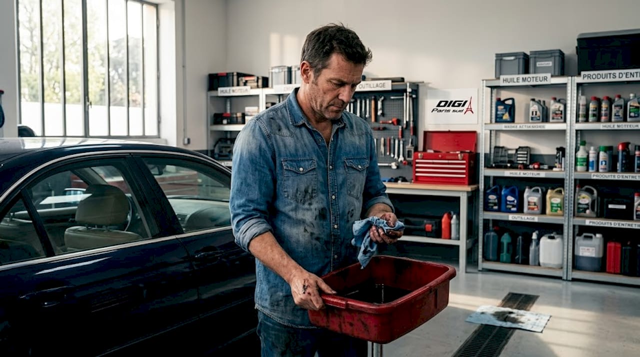 Changement d’huile moteur pour voiture essence réalisé dans le garage familial