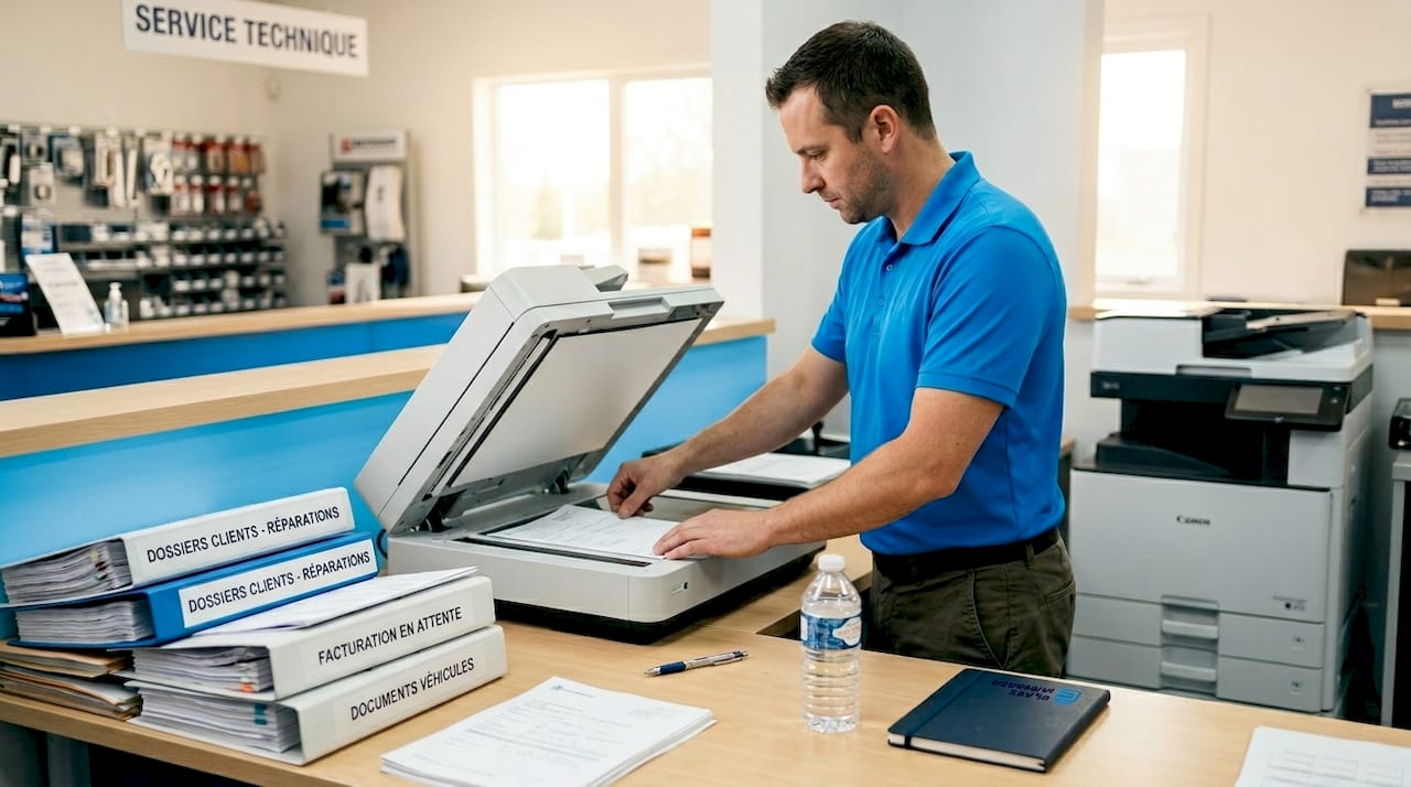 Un collaborateur en train de numériser des dossiers clients à l’aide d’un scanner automatique