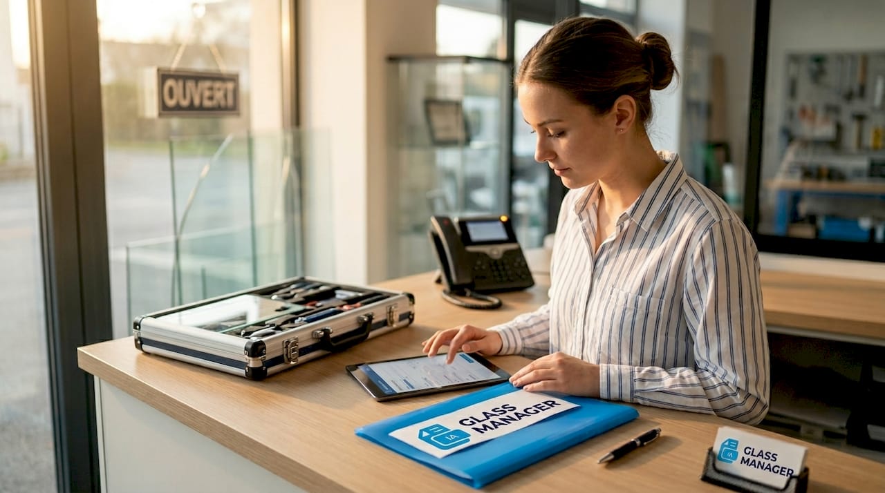 Opératrice au centre de vitrage, saisie des données directement sur tablette