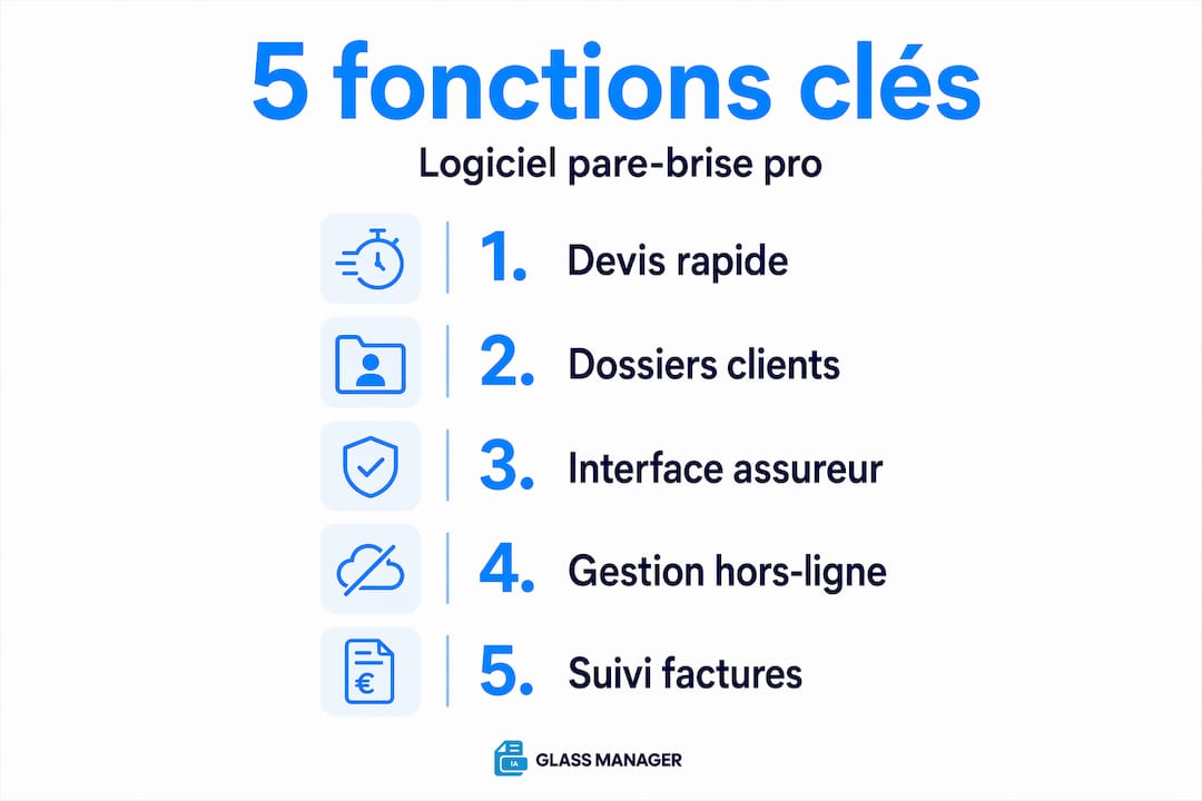 Aperçu visuel des principales fonctionnalités d’un logiciel dédié à la gestion des pare-brise