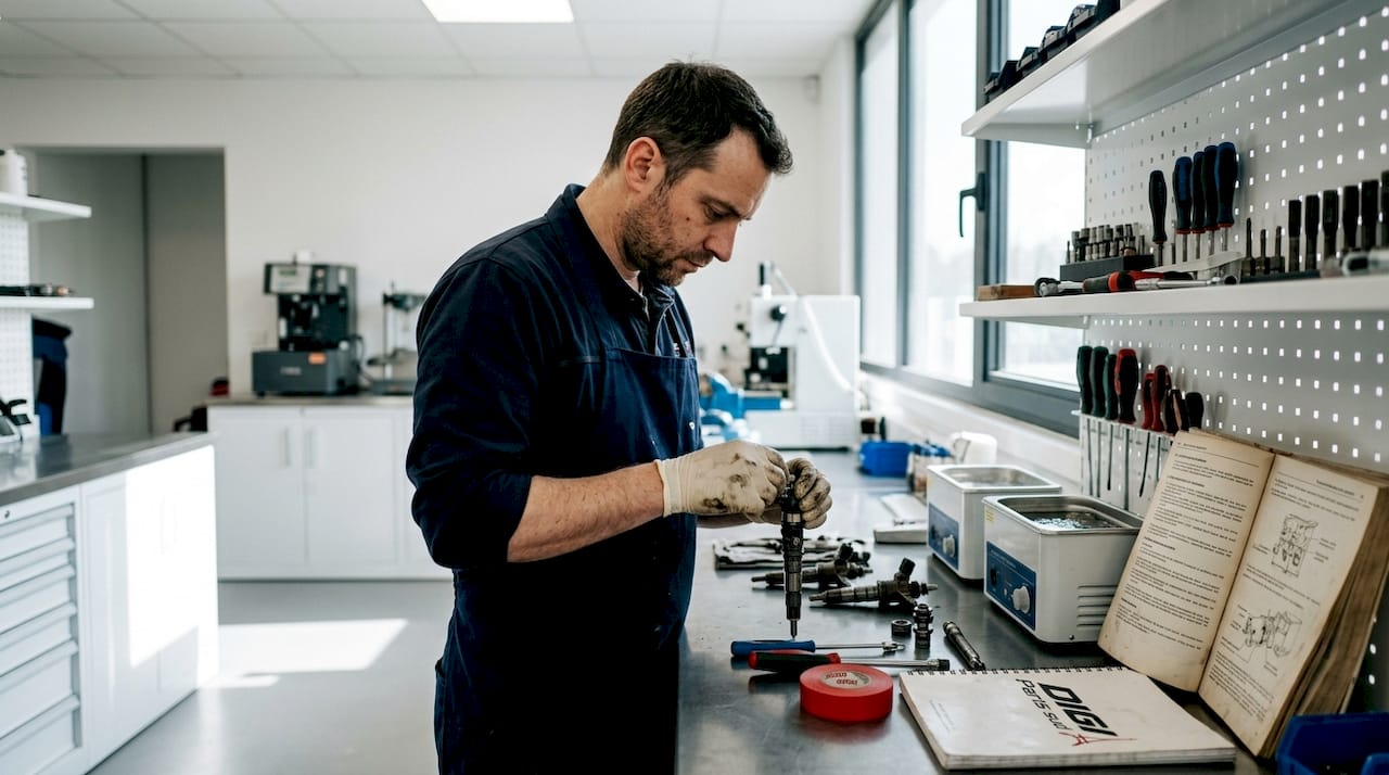 Un technicien procède au nettoyage des injecteurs directement sur l’établi.