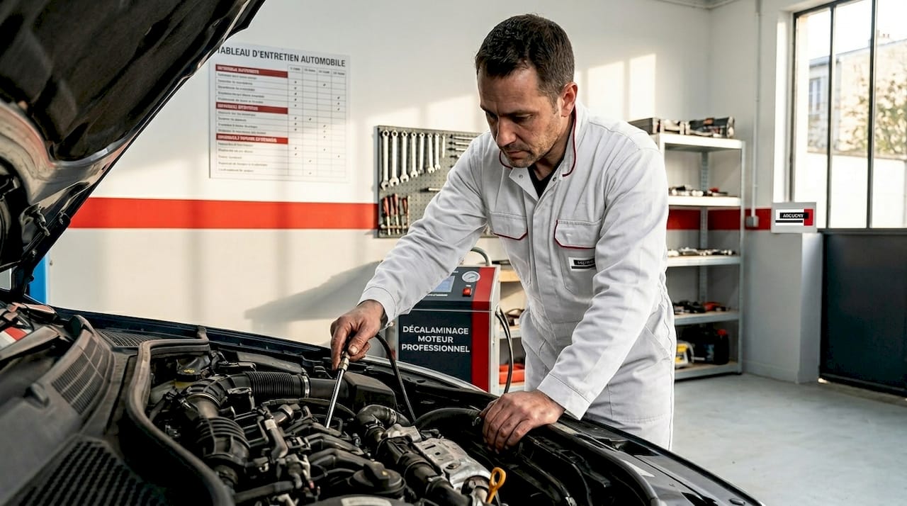 Un professionnel réalise un décalaminage sur un moteur diesel pour améliorer ses performances.