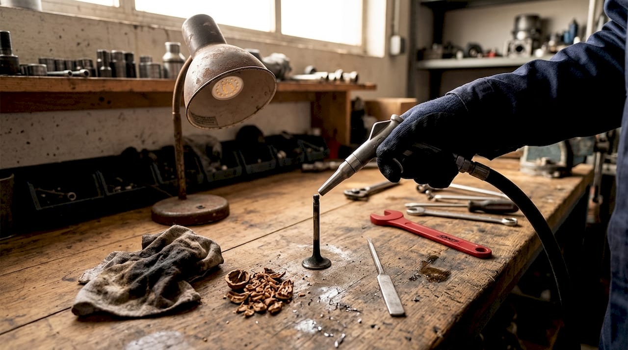 Nettoyage des soupapes moteur par sablage à la coquille de noix en atelier