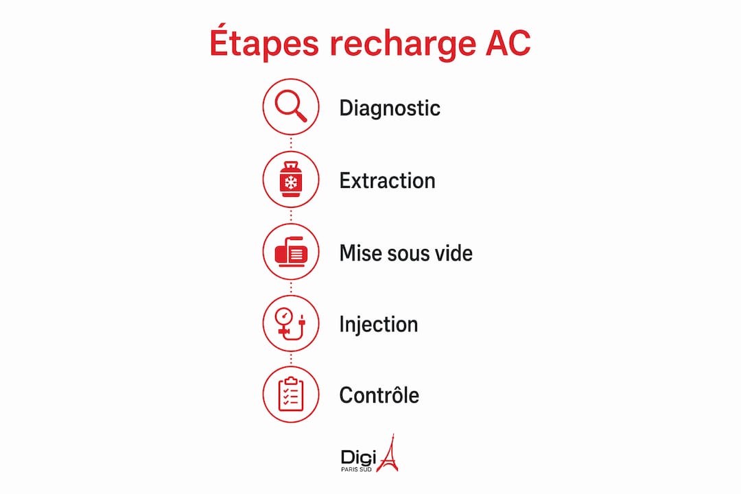 Découvrez en un coup d’œil les 5 étapes essentielles pour recharger efficacement la climatisation de votre véhicule grâce à notre infographie explicative.